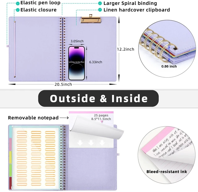 Alt view image 3 of 7 - Foldable Spiral Clipboard Folio with Storage Zipper Pouch, 5 Plastic Folders with 10 Pockets, Refillable Lined Notepad (11" x 8.5"), Linen Hardcover Project Organizer (Light Purple)