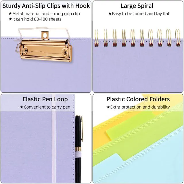 Alt view image 4 of 7 - Foldable Spiral Clipboard Folio with Storage Zipper Pouch, 5 Plastic Folders with 10 Pockets, Refillable Lined Notepad (11" x 8.5"), Linen Hardcover Project Organizer (Light Purple)
