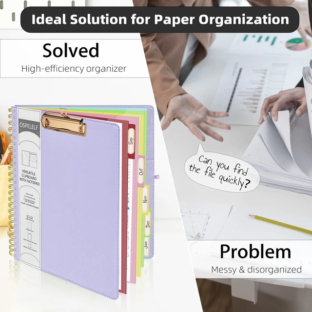 Alt view image 5 of 7 - Foldable Spiral Clipboard Folio with Storage Zipper Pouch, 5 Plastic Folders with 10 Pockets, Refillable Lined Notepad (11" x 8.5"), Linen Hardcover Project Organizer (Light Purple)