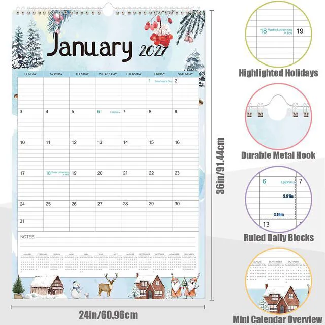 Alt view image 2 of 7 - Extra Large Wall Calendar 2026,36"x 24" Vertical Jumbo Hanging Wall Planner, 19-Month Aesthetic Large Calendar Jun. 2026 to Dec. 2027 with Thick Paper Watercolor Design for Easy Organizing