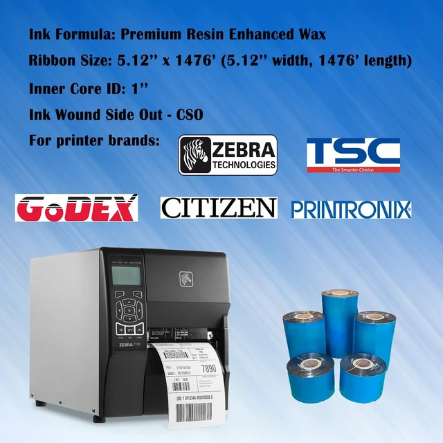 Alt view image 2 of 7 - 6 Rolls 5.12'' x 1476' Premium Resin Enhanced Wax Ribbon, 130mm x 450m Black Thermal Transfer Ribbon, Barcode Thermal Label Printer Ribbon, CSO-Ink Outside, 1'' Core for Zebra, TSC, GoDex, Citizen