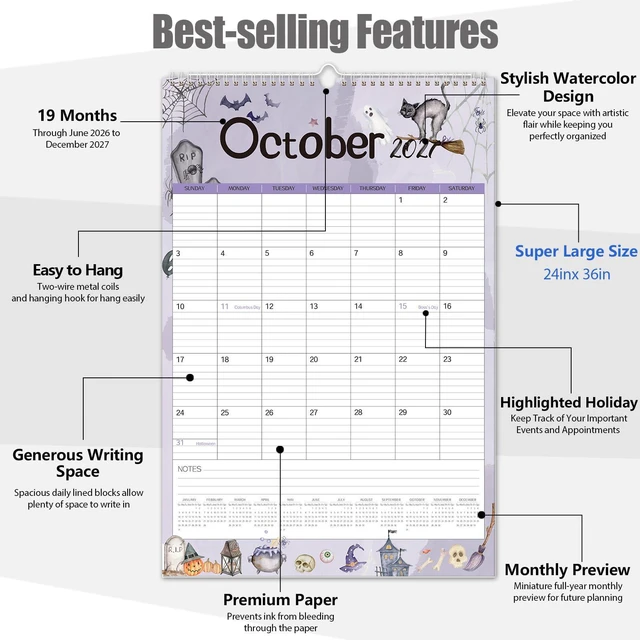 Alt view image 3 of 7 - Extra Large Wall Calendar 2026,36"x 24" Vertical Jumbo Hanging Wall Planner, 19-Month Aesthetic Large Calendar Jun. 2026 to Dec. 2027 with Thick Paper Watercolor Design for Easy Organizing