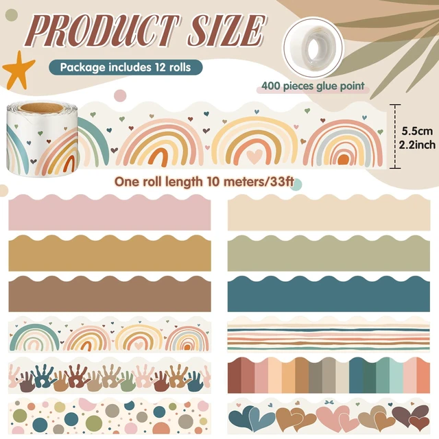 Alt view image 2 of 7 - 12 Rolls 394 ft Boho Bulletin Board Borders Classroom Trim Decor Decorative Scalloped Trim for Seasonal Displays, Holiday Boards, Teacher Supplies, Versatile Boho Aesthetic Borders Decor