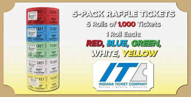 Alt view image 3 of 7 - Raffle Tickets Roll, Assorted 5-Pack, 1,000 Tickets per Roll Premium raffle tickets roll, ideal for 50/50 raffles, fundraisers, door prizes, school carnivals, parties, community events