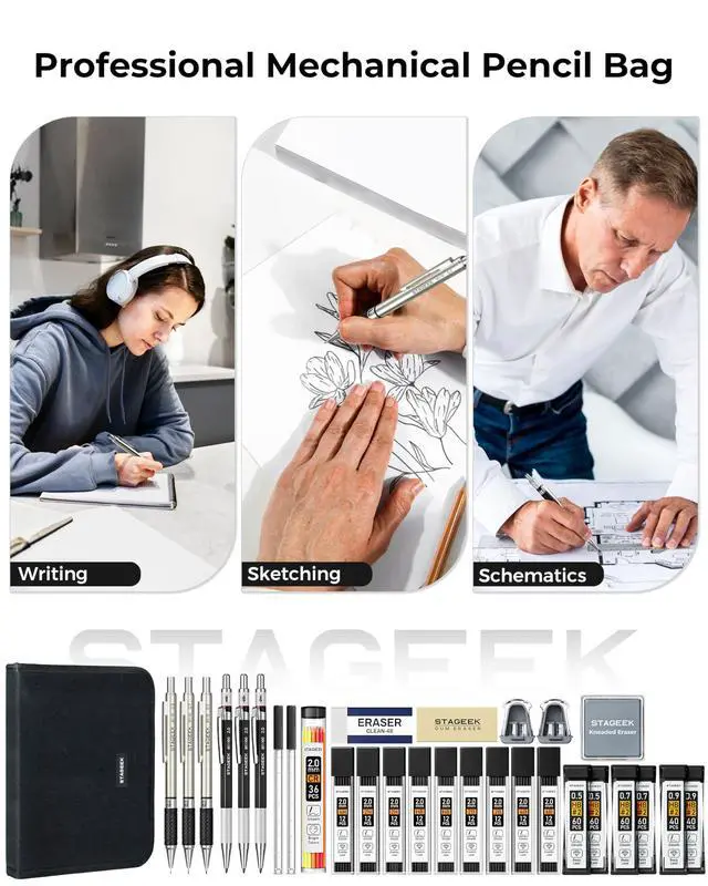 Alt view image 3 of 7 - 30PCS Mechanical Pencil Set with Canvas Bag, 0.5, 0.7, 0.9 2mm Drawing Pencils with 464PCS Lead Refills (6B 4B 2B HB 2H 4H Color), Erasers, Sharpeners, Artist Pencil for Sketching Drafting