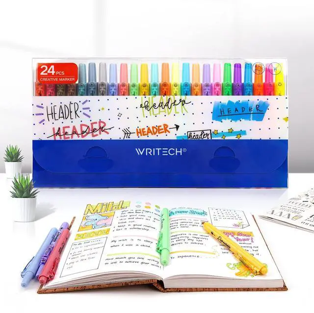 Alt view image 5 of 7 - Retractable Highlighters Chisel Tip: Assorted Colors 24ct Set Multi Color Ink Mild Vintage Neon Pastel Big Pack No Bleed & Smear for Highlighting Journaling Drawing Coloring Note-taking