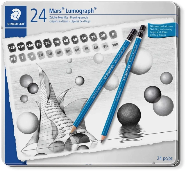Alt view image 4 of 7 - Mars Lumograph Drawing Pencils: Set of 24 in Metal Case - Presharpened Graphite Art Pencils - Hardness Grades 12B-10H - For Drawing, Shading, Drafting & Illustrating - All Skill Levels