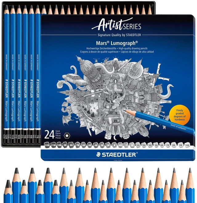 Main image of Mars Lumograph Drawing Pencils: Set of 24 in Metal Case - Presharpened Graphite Art Pencils - Hardness Grades 12B-10H - For Drawing, Shading, Drafting & Illustrating - All Skill Levels