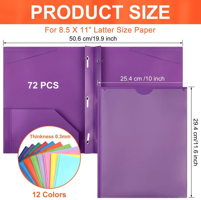 Alt view image 2 of 7 - 72 Plastic Folders with 3 Prongs Bulk, Mix Colors Heavy Duty Folders with Clear Front Pockets and Card Slots Folder with Fasteners Fit Letter-size Paper for Work School Office