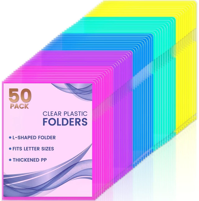 Main image of 50 Pack Clear Document Folder Project Pockets, Clear Plastic Folders Letter Size Plastic Document Folders Paper Poly Jacket Sleeves Folders Copy, 5 Assorted Colors