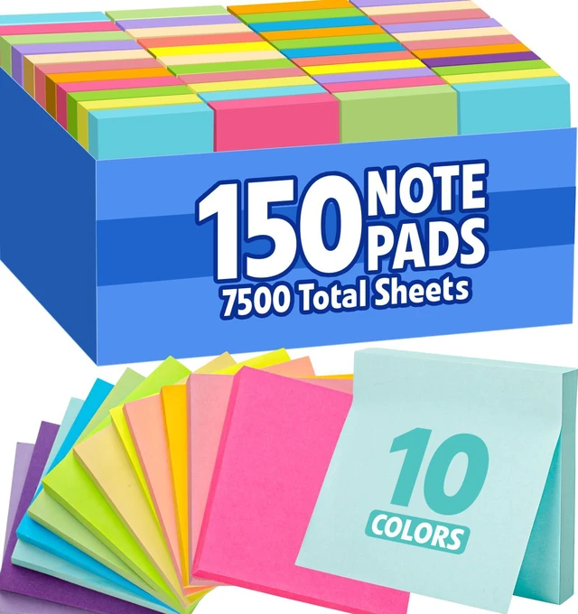 Main image of 150 Pads Sticky Notes 3x3, Self-Stick Pads Bulk Bright Colors, School Supplies, Office Products, 50 Sheet/Pad