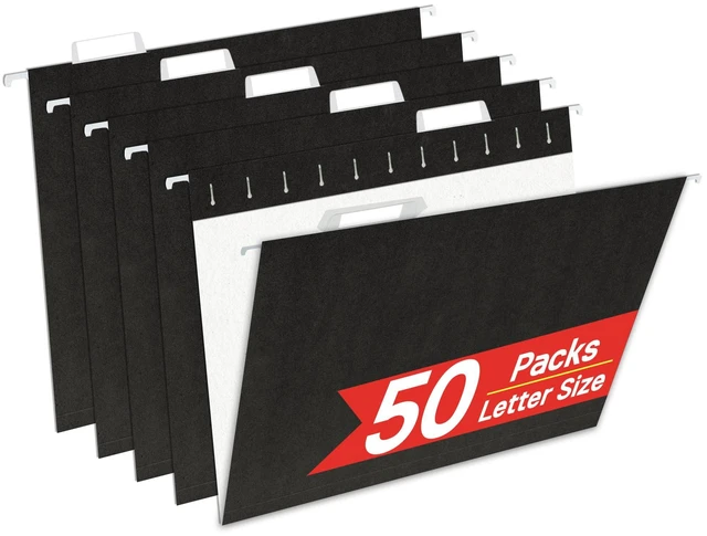 Main image of 50 Pack Hanging File Folders,Letter Size 8.5x11 Inch,Black Hanging Folders for Filing Cabinet,Reinforced Rods for Smooth Gliding,1/5 Adjustable Tabs & Inserts,Ideal for Home,Office & School
