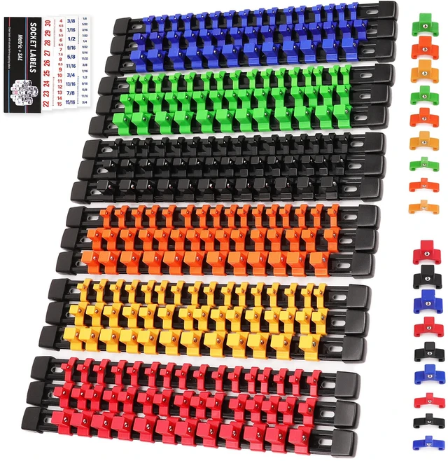 Main image of Socket Organizer Set 18-Piece, 1/4-Inch x 96 Clips, 3/8-Inch x 90 Clips, 1/2-Inch x 72 Clips, Socket Organizer for Tool Box Drawer, Drive Socket Trays, Socket Holder Clip Rail