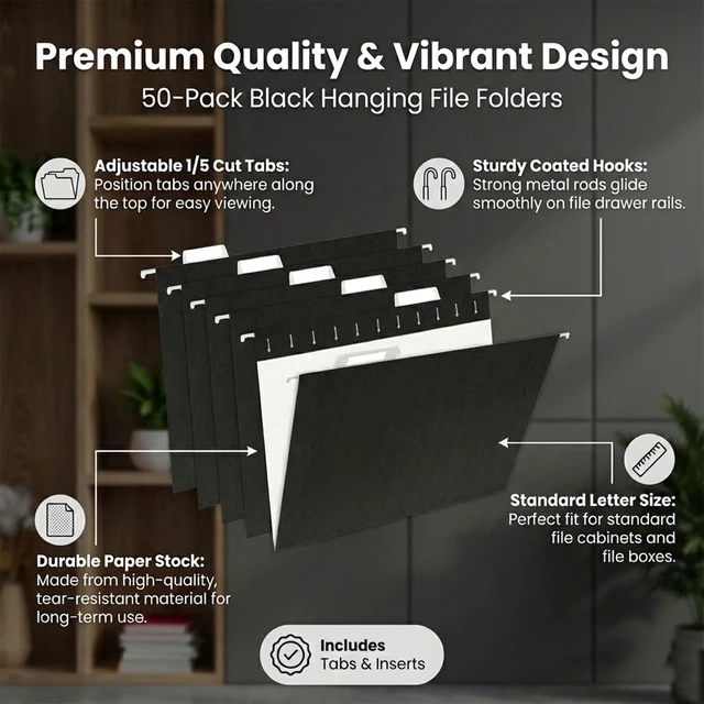 Alt view image 2 of 7 - 50 Pack Hanging File Folders,Letter Size 8.5x11 Inch,Black Hanging Folders for Filing Cabinet,Reinforced Rods for Smooth Gliding,1/5 Adjustable Tabs & Inserts,Ideal for Home,Office & School