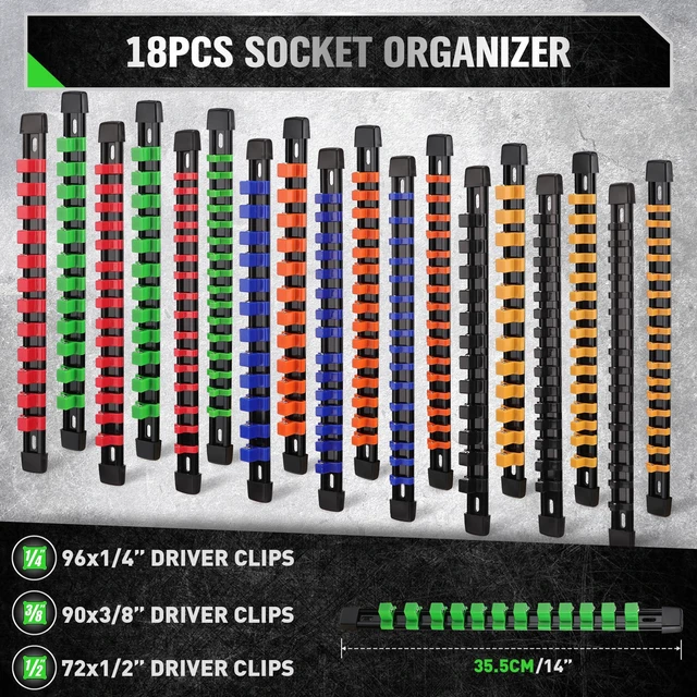 Alt view image 2 of 7 - Socket Organizer Set 18-Piece, 1/4-Inch x 96 Clips, 3/8-Inch x 90 Clips, 1/2-Inch x 72 Clips, Socket Organizer for Tool Box Drawer, Drive Socket Trays, Socket Holder Clip Rail