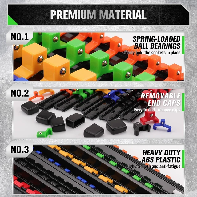 Alt view image 3 of 7 - Socket Organizer Set 18-Piece, 1/4-Inch x 96 Clips, 3/8-Inch x 90 Clips, 1/2-Inch x 72 Clips, Socket Organizer for Tool Box Drawer, Drive Socket Trays, Socket Holder Clip Rail