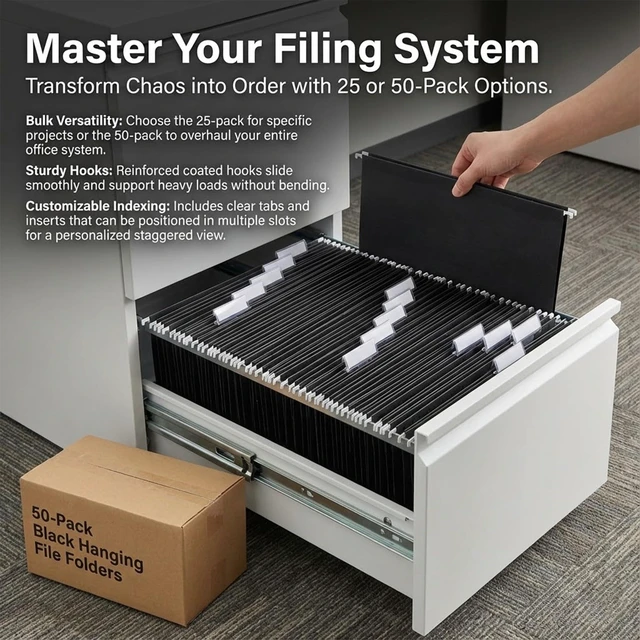 Alt view image 5 of 7 - 50 Pack Hanging File Folders,Letter Size 8.5x11 Inch,Black Hanging Folders for Filing Cabinet,Reinforced Rods for Smooth Gliding,1/5 Adjustable Tabs & Inserts,Ideal for Home,Office & School