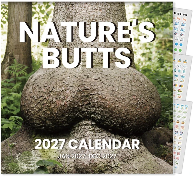 Main image of Funny White Elephant Gag Gift Calendar, Funny Calendar 2027 for Wall 12x12 Inches with 12 Months from January 2027 to December 2027, Thick Glossy Paper, 12" x 24" (Open), Natures Butts