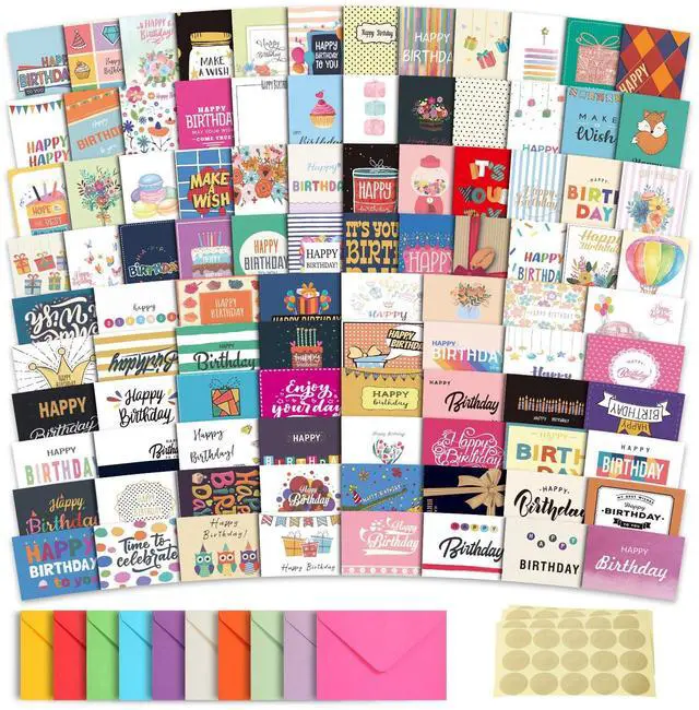 Main image of 100 Unique Birthday Cards with Envelopes - Assorted Happy Birthday Cards, 4 x 6 inches, Envelopes & Stickers in Bulk Boxed Set