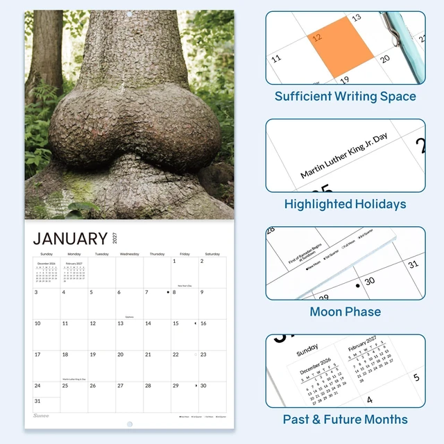Alt view image 7 of 7 - Funny White Elephant Gag Gift Calendar, Funny Calendar 2027 for Wall 12x12 Inches with 12 Months from January 2027 to December 2027, Thick Glossy Paper, 12" x 24" (Open), Natures Butts