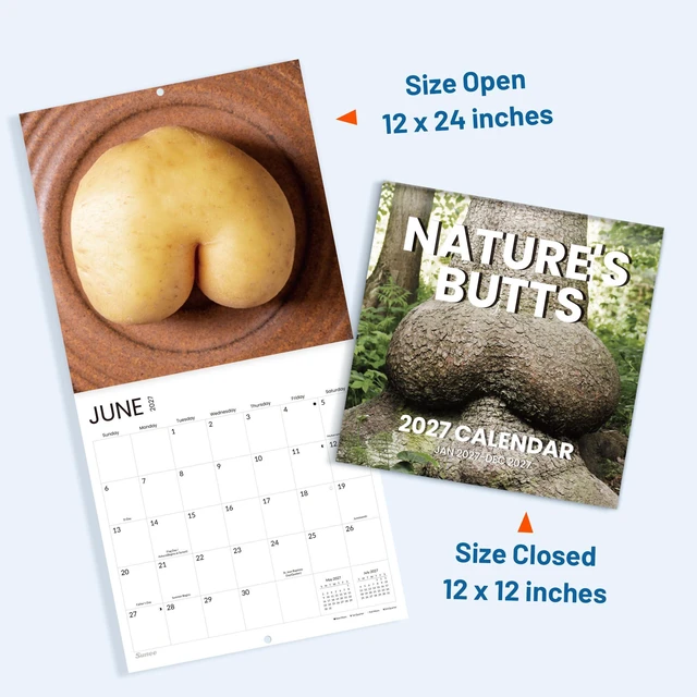 Alt view image 6 of 7 - Funny White Elephant Gag Gift Calendar, Funny Calendar 2027 for Wall 12x12 Inches with 12 Months from January 2027 to December 2027, Thick Glossy Paper, 12" x 24" (Open), Natures Butts