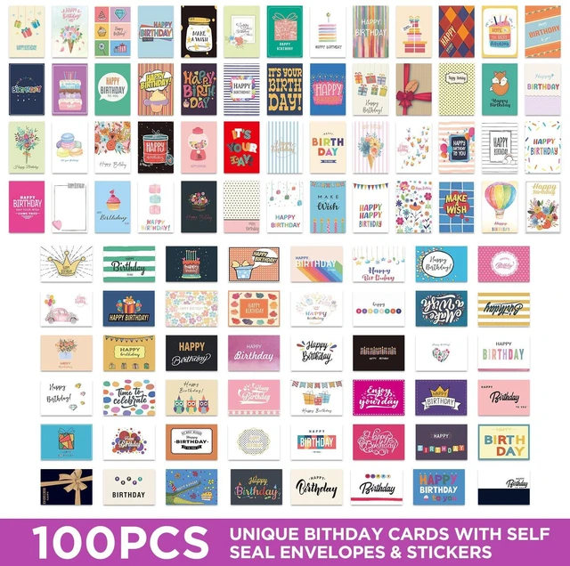 Alt view image 2 of 7 - 100 Unique Birthday Cards with Envelopes - Assorted Happy Birthday Cards, 4 x 6 inches, Envelopes & Stickers in Bulk Boxed Set