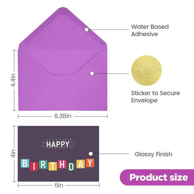 Alt view image 5 of 7 - 100 Unique Birthday Cards with Envelopes - Assorted Happy Birthday Cards, 4 x 6 inches, Envelopes & Stickers in Bulk Boxed Set