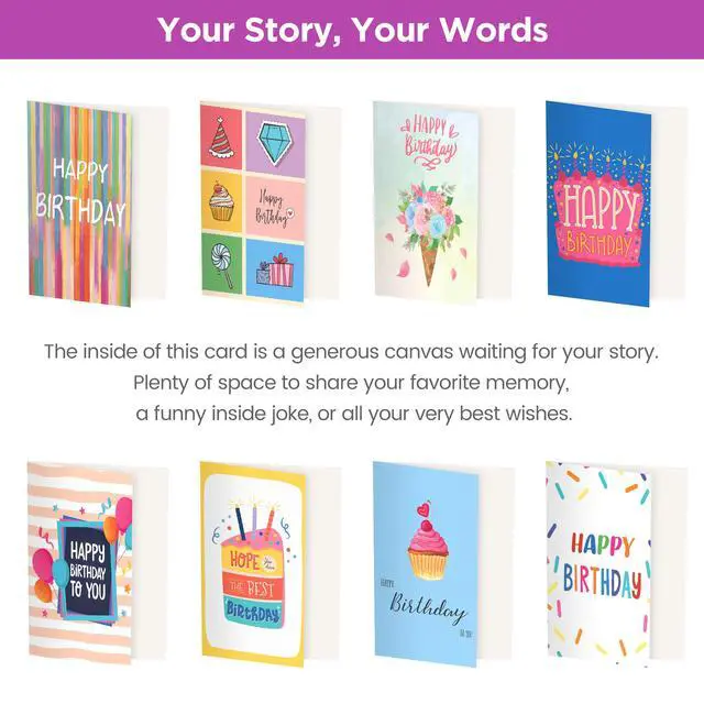 Alt view image 3 of 7 - 100 Unique Birthday Cards with Envelopes - Assorted Happy Birthday Cards, 4 x 6 inches, Envelopes & Stickers in Bulk Boxed Set