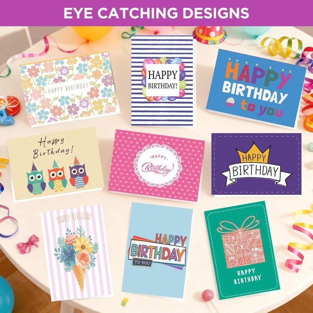Alt view image 4 of 7 - 100 Unique Birthday Cards with Envelopes - Assorted Happy Birthday Cards, 4 x 6 inches, Envelopes & Stickers in Bulk Boxed Set