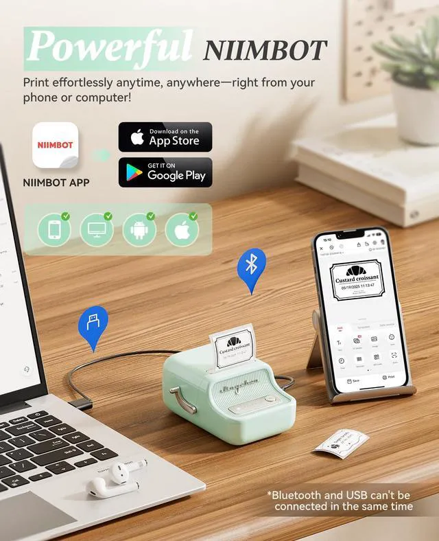 Alt view image 7 of 7 - B21 Label Maker, 2 Inch Portable Inkless Label Machine, Mint Green Thermal Label Printer with 1 Pack 50x30mm White Label for Home/Office/Business, Compatible with iOS & Android