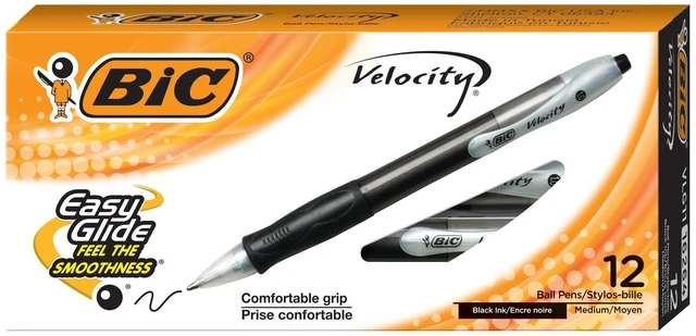 Main image of Velocity Retractable Ballpoint Pens, Medium Point (1.0 mm), Black Ink Pens, 12-Count Pack, With Comfortable Grip