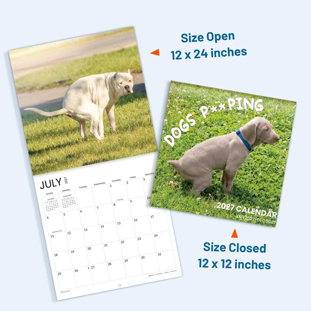 Alt view image 6 of 7 - Funny White Elephant Gag Gift Calendar, Pooping Pooches Calendar 2027 for Wall 12x12 Inches with 12 Months from January 2027 to December 2027, Thick Glossy Paper, 12" x 24" (Open), Funny Dog