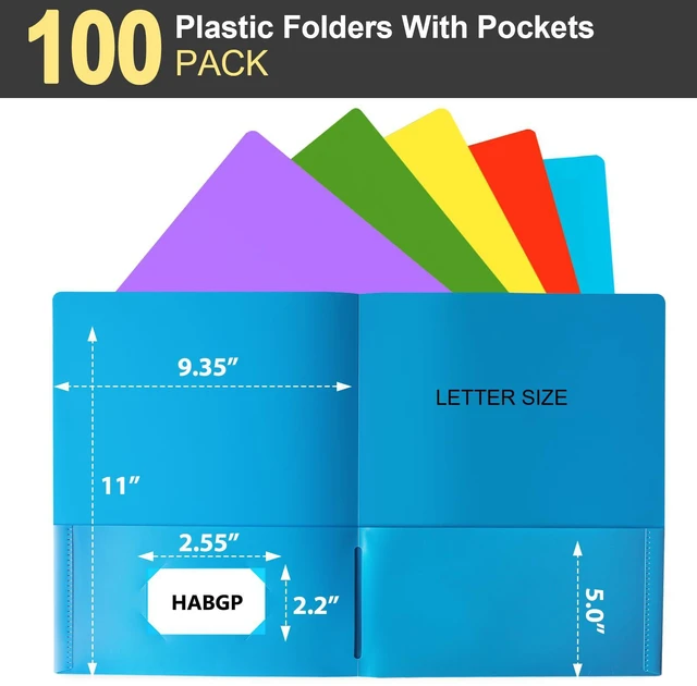 Alt view image 2 of 7 - 100 Folders with Pockets, 5 Color Heavy Duty Plastic Two Pocket Folder with Business Card Holder for Office High School Business Resume