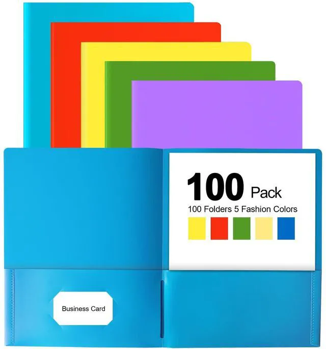 Main image of 100 Folders with Pockets, 5 Color Heavy Duty Plastic Two Pocket Folder with Business Card Holder for Office High School Business Resume