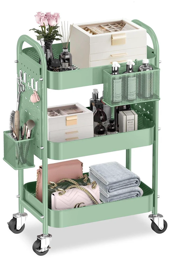 Main image of 3 Tier Metal Rolling Utility Cart with Pegboards,Baskets,Hook,Green More Storage Craft Cart with Pegboards,Lockable Wheels,Hooks & Baskets to Organize Kitchen,Office,Bedroom and DIY Supplies