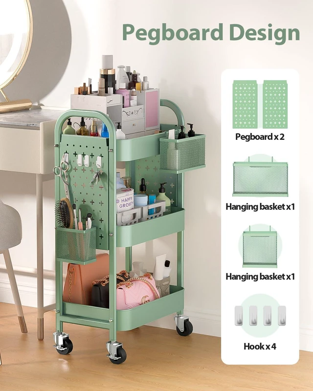 Alt view image 2 of 7 - 3 Tier Metal Rolling Utility Cart with Pegboards,Baskets,Hook,Green More Storage Craft Cart with Pegboards,Lockable Wheels,Hooks & Baskets to Organize Kitchen,Office,Bedroom and DIY Supplies