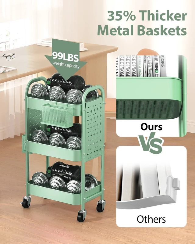Alt view image 3 of 7 - 3 Tier Metal Rolling Utility Cart with Pegboards,Baskets,Hook,Green More Storage Craft Cart with Pegboards,Lockable Wheels,Hooks & Baskets to Organize Kitchen,Office,Bedroom and DIY Supplies