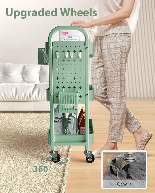 Alt view image 4 of 7 - 3 Tier Metal Rolling Utility Cart with Pegboards,Baskets,Hook,Green More Storage Craft Cart with Pegboards,Lockable Wheels,Hooks & Baskets to Organize Kitchen,Office,Bedroom and DIY Supplies