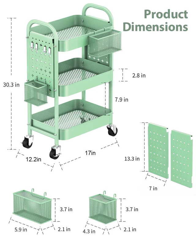 Alt view image 5 of 7 - 3 Tier Metal Rolling Utility Cart with Pegboards,Baskets,Hook,Green More Storage Craft Cart with Pegboards,Lockable Wheels,Hooks & Baskets to Organize Kitchen,Office,Bedroom and DIY Supplies