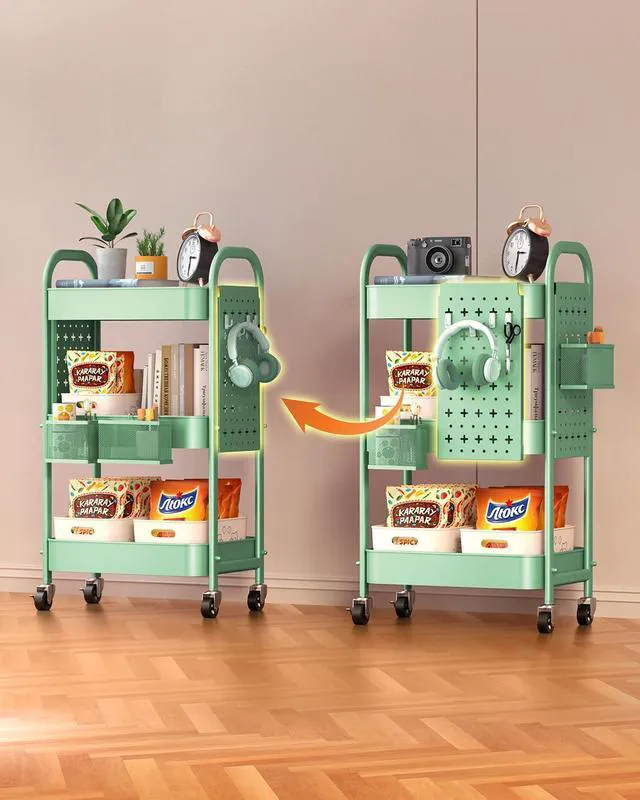 Alt view image 6 of 7 - 3 Tier Metal Rolling Utility Cart with Pegboards,Baskets,Hook,Green More Storage Craft Cart with Pegboards,Lockable Wheels,Hooks & Baskets to Organize Kitchen,Office,Bedroom and DIY Supplies
