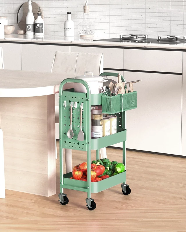 Alt view image 7 of 7 - 3 Tier Metal Rolling Utility Cart with Pegboards,Baskets,Hook,Green More Storage Craft Cart with Pegboards,Lockable Wheels,Hooks & Baskets to Organize Kitchen,Office,Bedroom and DIY Supplies
