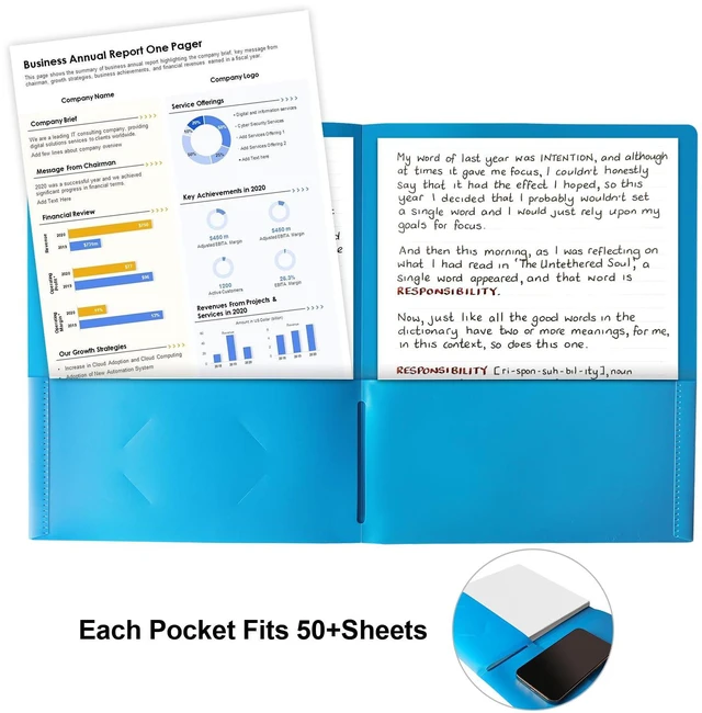 Alt view image 3 of 7 - 100 Folders with Pockets, 5 Color Heavy Duty Plastic Two Pocket Folder with Business Card Holder for Office High School Business Resume