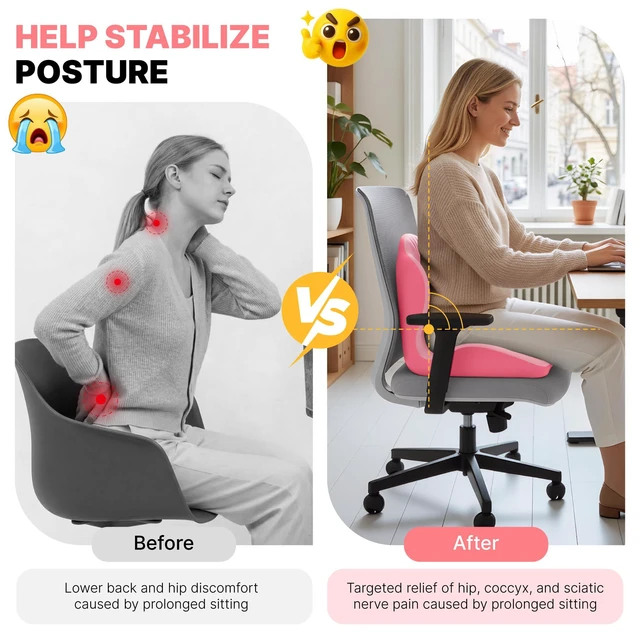 Alt view image 3 of 7 - Ergonomic Seat Cushion with L-Shaped Design for Office Chair (Pink) Memory Foam Orthopedic Cushion with Coccyx Hollow, Lumbar Support & Tailbone Pain Relief for Car, Truck, Gaming Chair