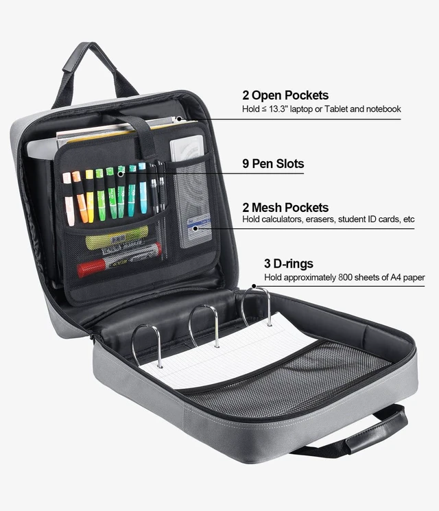 Alt view image 2 of 7 - 4 Inch Zipper Binder 3 Ring with Shoulder Strap,Tough/Multi-Pocket Binder Bag with Laptop organizer for School Travel,Fit 13" MacBook & Tablet,800 Sheets Capacity,Water Resistant,Grey