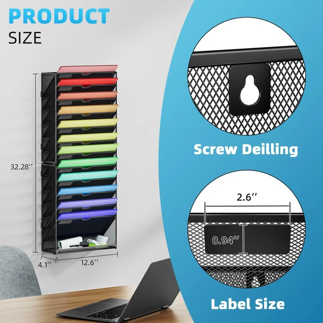 Alt view image 2 of 7 - Wall File Holder 13-Tier Hanging Wall File Organizer, for Papers, Files Clipboard & Magazine Organizer, Wall Mount File Holder Great for Office Home (Black)