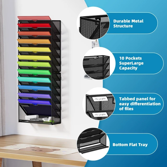 Alt view image 3 of 7 - Wall File Holder 13-Tier Hanging Wall File Organizer, for Papers, Files Clipboard & Magazine Organizer, Wall Mount File Holder Great for Office Home (Black)