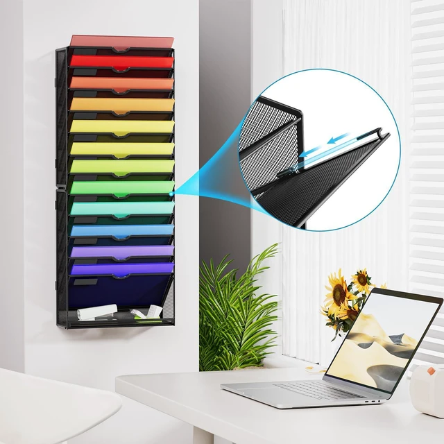 Alt view image 5 of 7 - Wall File Holder 13-Tier Hanging Wall File Organizer, for Papers, Files Clipboard & Magazine Organizer, Wall Mount File Holder Great for Office Home (Black)