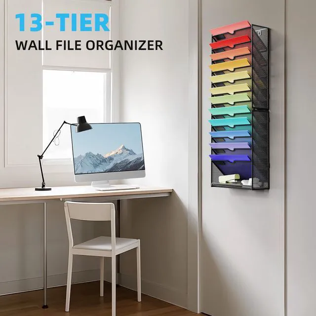 Alt view image 4 of 7 - Wall File Holder 13-Tier Hanging Wall File Organizer, for Papers, Files Clipboard & Magazine Organizer, Wall Mount File Holder Great for Office Home (Black)