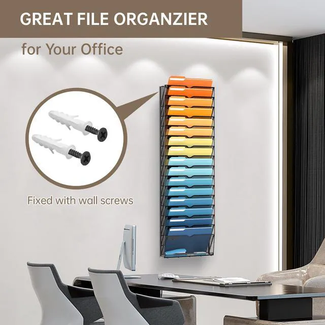 Alt view image 3 of 7 - 17-Tier Hanging Wall File Organizer with Hooks for Office Organization Mesh Wall File Holder, Mail Organizer Wall Mounted for Papers, Documents, Folders and Magazines in Home Office, Classroom