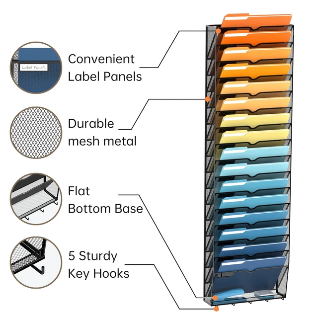 Alt view image 5 of 7 - 17-Tier Hanging Wall File Organizer with Hooks for Office Organization Mesh Wall File Holder, Mail Organizer Wall Mounted for Papers, Documents, Folders and Magazines in Home Office, Classroom